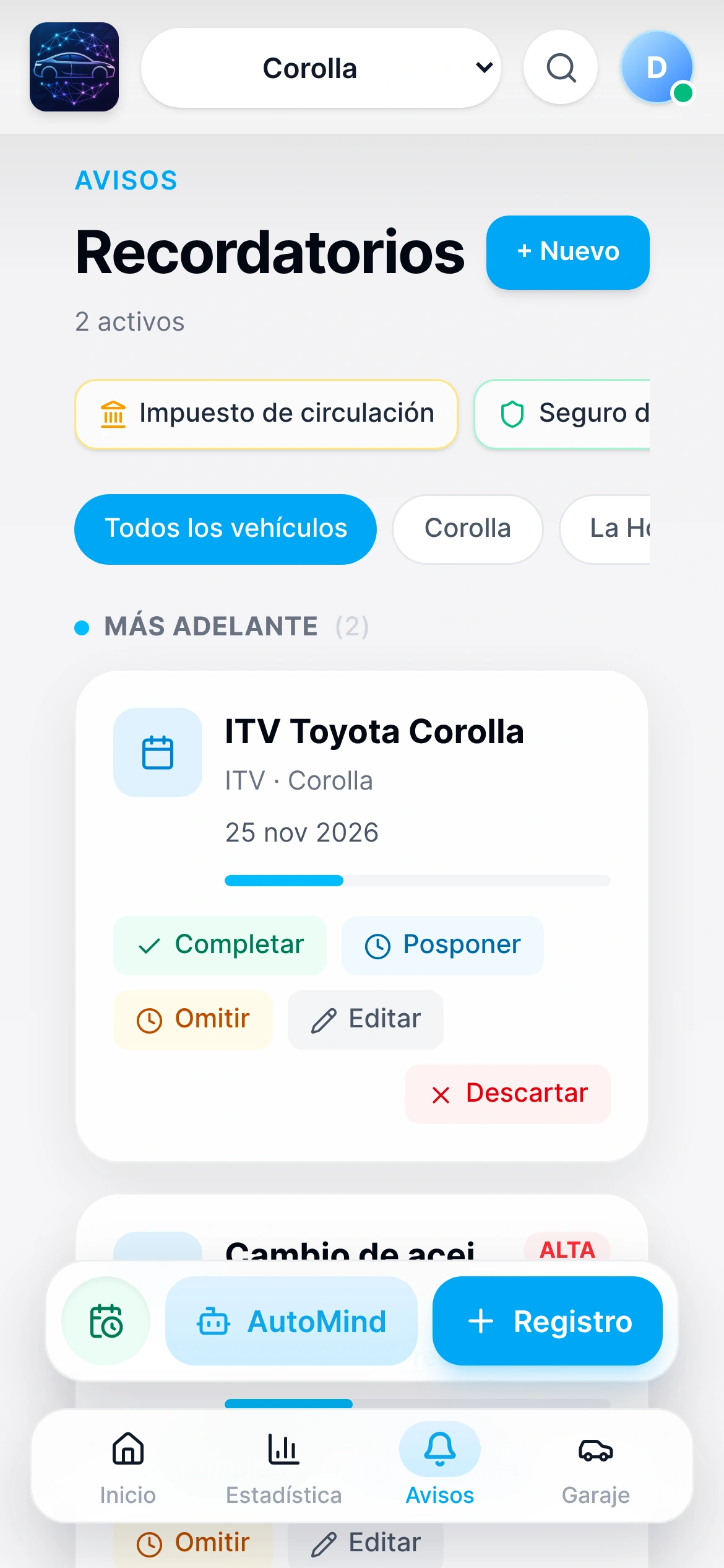 Recordatorios de mantenimiento